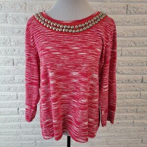 Sag Harbor Women Top XL 3/4 Sleeve Pink Heather Knit Cotton Studded Comfy PIN47E